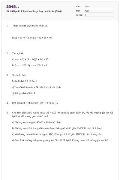 Đề thi Học kì 1 Toán lớp 8 cực hay, có đáp án (Đề 4)