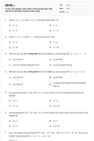 14 câu Trắc nghiệm Toán 8 Bài 3: Phương trình bậc nhất một ẩn và cách giải có đáp án (Vận dụng)