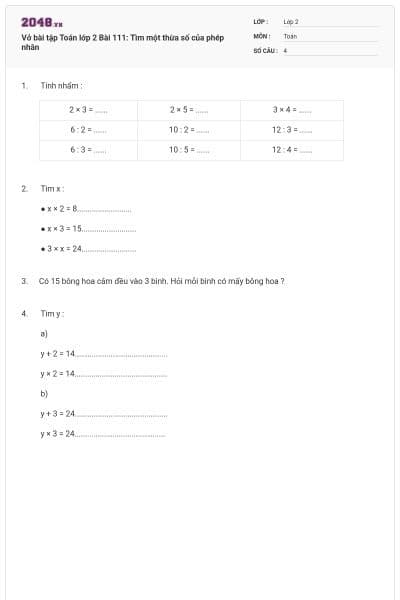 Vở bài tập Toán lớp 2 Bài 111: Tìm một thừa số của phép nhân