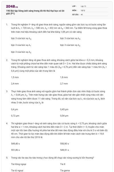 190 Bài tập Sóng ánh sáng trong đề thi thử Đại học có lời giải (P1)