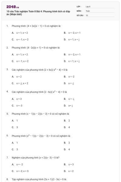 10 câu Trắc nghiệm Toán 8 Bài 4: Phương trình tích có đáp án (Nhận biết)