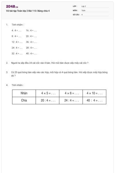 Vở bài tập Toán lớp 2 Bài 113: Bảng chia 4