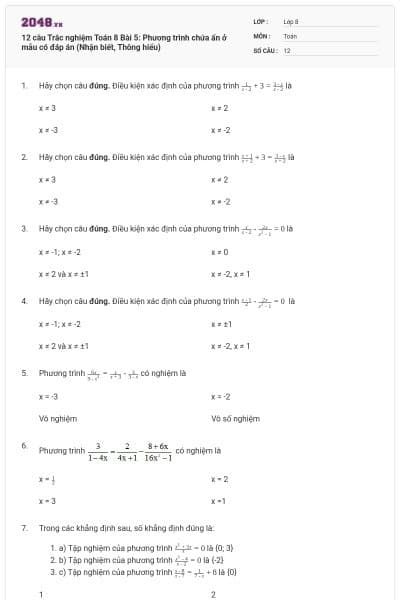 12 câu Trắc nghiệm Toán 8 Bài 5: Phương trình chứa ẩn ở mẫu có đáp án (Nhận biết, Thông hiểu)