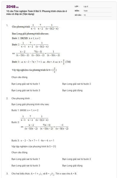 10 câu Trắc nghiệm Toán 8 Bài 5: Phương trình chứa ẩn ở mẫu có đáp án (Vận dụng)