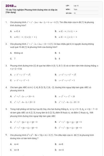 15 câu  Trắc nghiệm Phương trình đường tròn có đáp án (Vận dụng)