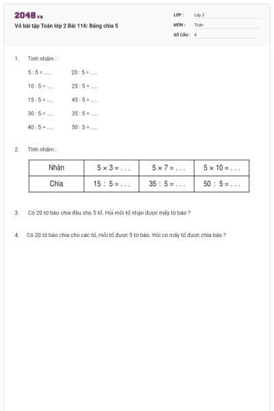 Vở bài tập Toán lớp 2 Bài 116: Bảng chia 5