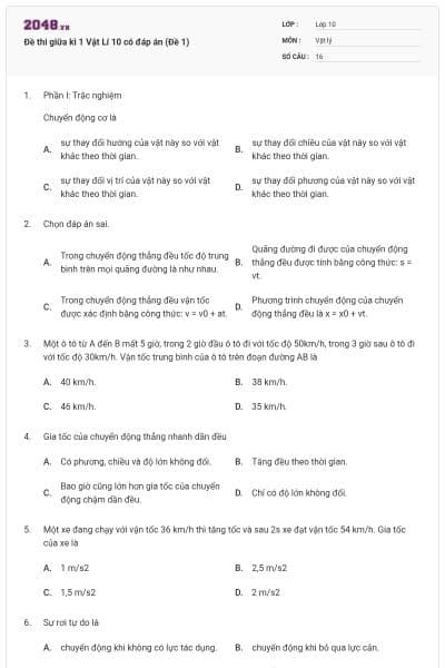 Đề thi giữa kì 1 Vật Lí 10 có đáp án (Đề 1)