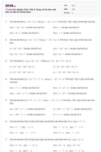 17 câu Trắc nghiệm Toán 7 Bài 8: Cộng, trừ đa thức một biến có đáp án (Thông hiểu)