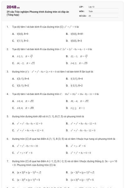 29 câu Trắc nghiệm Phương trình đường tròn có đáp án (Tổng hợp)