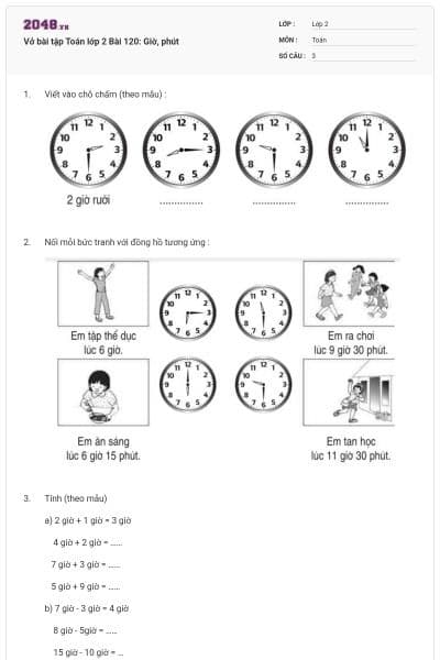Vở bài tập Toán lớp 2 Bài 120: Giờ, phút