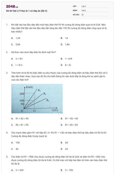 Đề thi Vật Lí 9 Học kì 1 có đáp án (Đề 2)