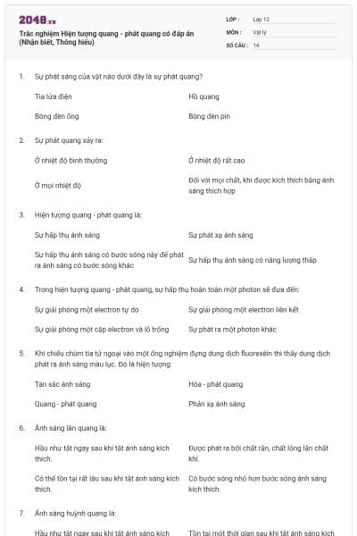 Trắc nghiệm Hiện tượng quang - phát quang có đáp án (Nhận biết, Thông hiểu)