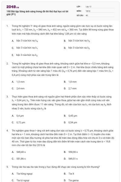 190 Bài tập Sóng ánh sáng trong đề thi thử Đại học có lời giải (P1)