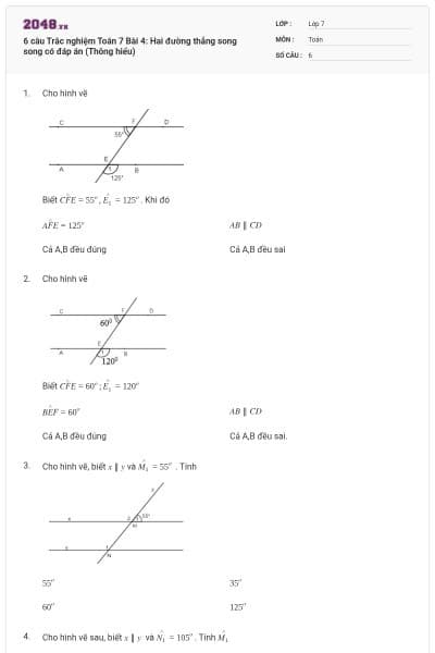 6 câu Trắc nghiệm Toán 7 Bài 4: Hai đường thẳng song song có đáp án (Thông hiểu)