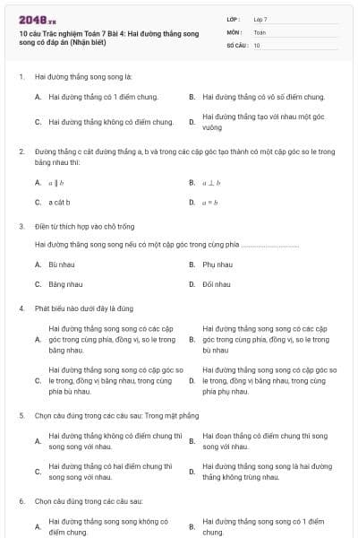 10 câu Trắc nghiệm Toán 7 Bài 4: Hai đường thẳng song song có đáp án (Nhận biết)
