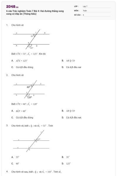 6 câu Trắc nghiệm Toán 7 Bài 4: Hai đường thẳng song song có đáp án (Thông hiểu)