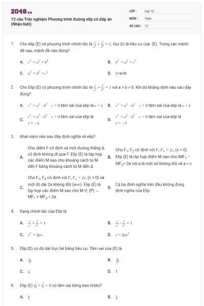 12 câu  Trắc nghiệm Phương trình đường elip có đáp án (Nhận biết)