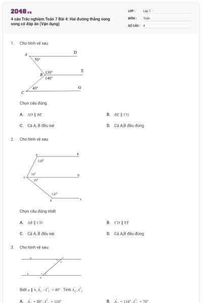 4 câu Trắc nghiệm Toán 7 Bài 4: Hai đường thẳng song song có đáp án (Vận dụng)
