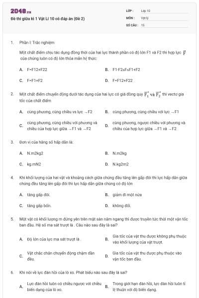 Đề thi giữa kì 1 Vật Lí 10 có đáp án (Đề 2)