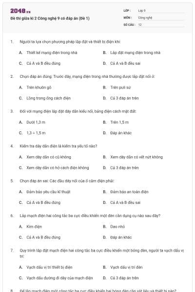 Đề thi giữa kì 2 Công nghệ 9 có đáp án (Đề 1)
