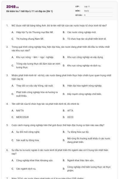 Đề kiểm tra 1 tiết Địa Lí 11 có đáp án (Đề 1)