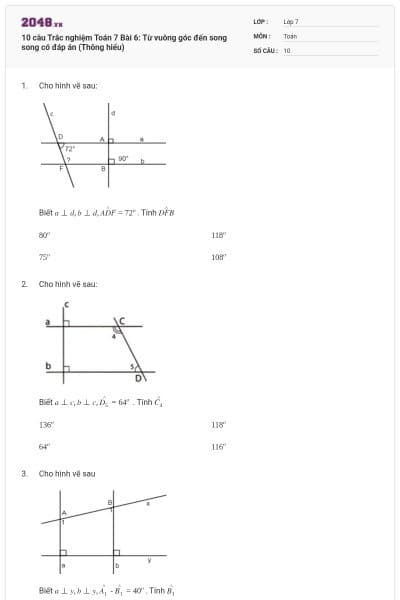 10 câu Trắc nghiệm Toán 7 Bài 6: Từ vuông góc đến song song có đáp án (Thông hiểu)