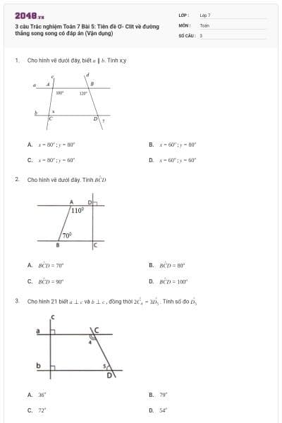 3 câu Trắc nghiệm Toán 7 Bài 5: Tiên đề Ơ- Clit về đường thẳng song song có đáp án (Vận dụng)