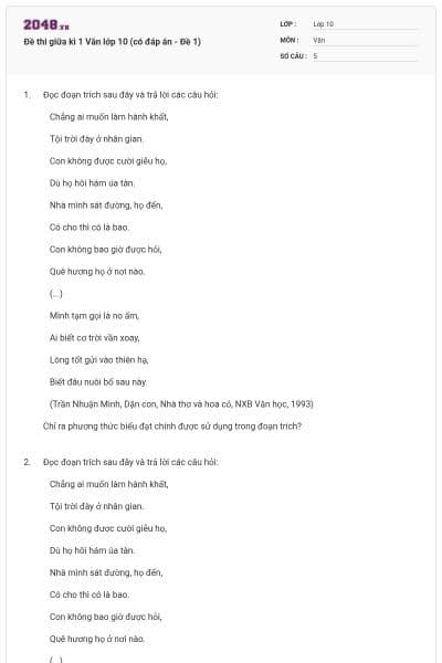 Đề thi giữa kì 1 Văn lớp 10 (có đáp án - Đề 1)