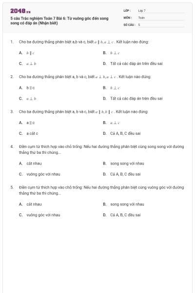 5 câu Trắc nghiệm Toán 7 Bài 6: Từ vuông góc đến song song có đáp án (Nhận biết)