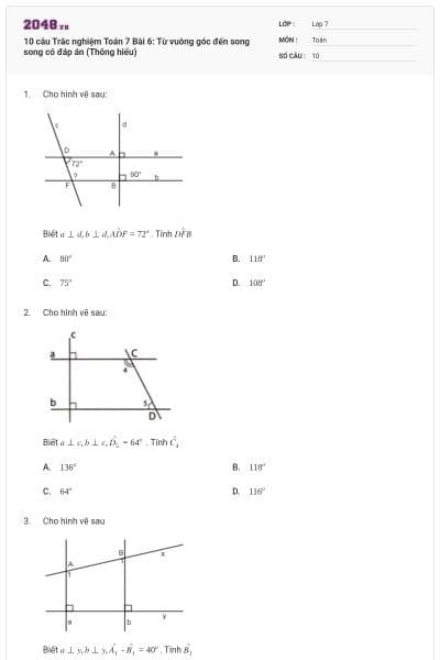 10 câu Trắc nghiệm Toán 7 Bài 6: Từ vuông góc đến song song có đáp án (Thông hiểu)