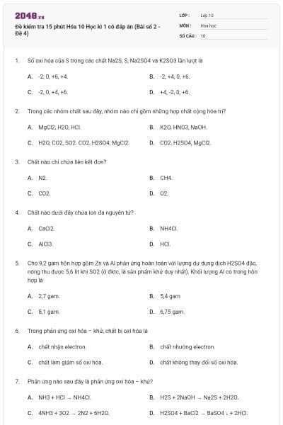 Đề kiểm tra 15 phút Hóa 10 Học kì 1 có đáp án (Bài số 2 - Đề 4)