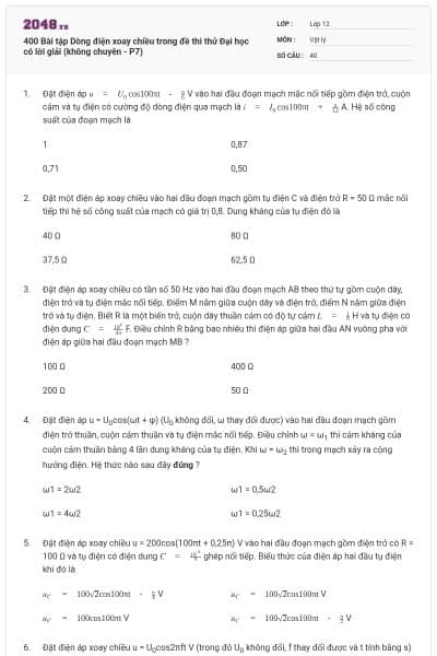 400 Bài tập Dòng điện xoay chiều trong đề thi thử Đại học có lời giải (không chuyên - P7)