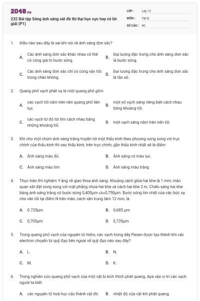 232 Bài tập Sóng ánh sáng sát đề thi Đại học cực hay có lời giải (P1)