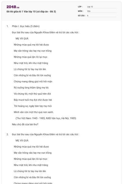 Đề thi giữa kì 1 Văn lớp 10 (có đáp án - Đề 3)