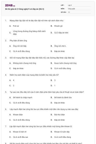 Đề thi giữa kì 2 Công nghệ 9 có đáp án (Đề 3)