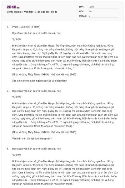 Đề thi giữa kì 1 Văn lớp 10 (có đáp án - Đề 4)
