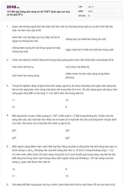 197 Bài tập Sóng ánh sáng ôn thi THPT Quốc gia cực hay có lời giải (P1)