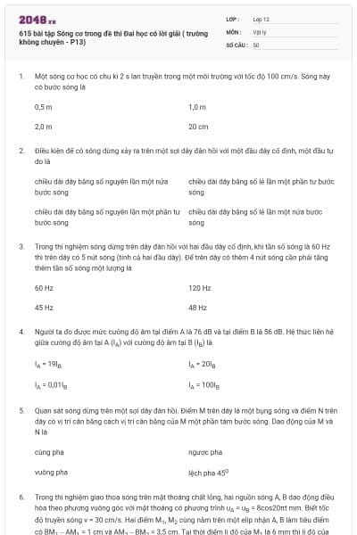 615 bài tập Sóng cơ trong đề thi Đai học có lời giải ( trường không chuyên - P13)