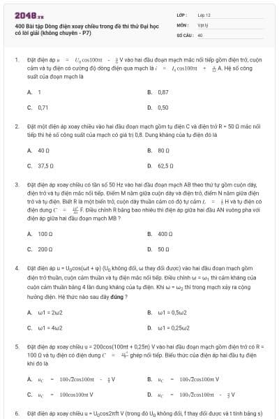 400 Bài tập Dòng điện xoay chiều trong đề thi thử Đại học có lời giải (không chuyên - P7)