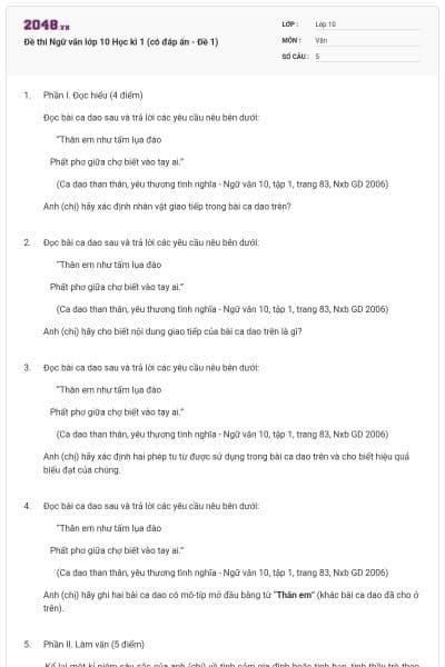 Đề thi Ngữ văn lớp 10 Học kì 1 (có đáp án - Đề 1)