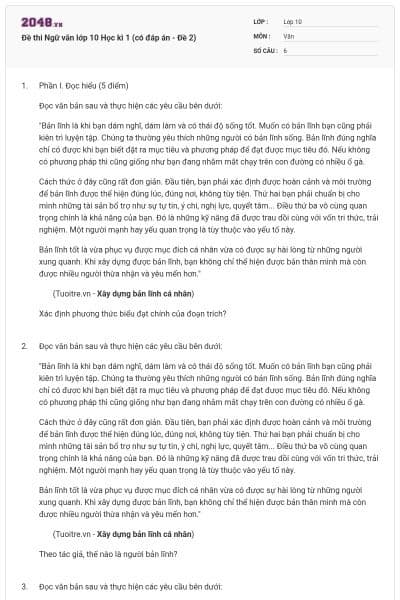 Đề thi Ngữ văn lớp 10 Học kì 1 (có đáp án - Đề 2)