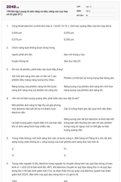 190 Bài tập Lượng tử ánh sáng cơ bản, nâng cao cực hay có lời giải (P1)