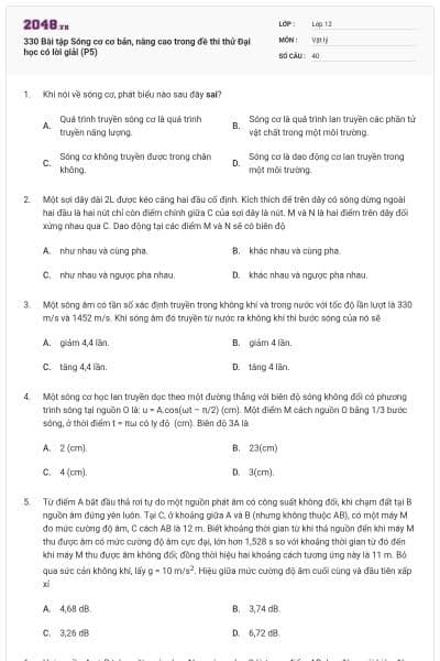 330 Bài tập Sóng cơ cơ bản, nâng cao trong đề thi thử Đại học có lời giải (P5)