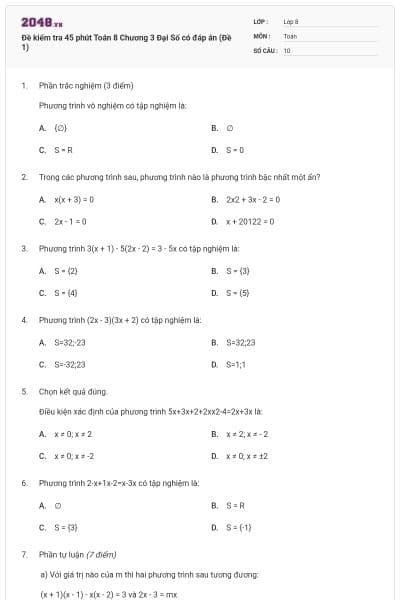 Đề kiểm tra 45 phút Toán 8 Chương 3 Đại Số có đáp án (Đề 1)