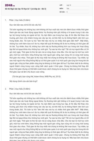 Đề thi Ngữ văn lớp 10 Học kì 1 (có đáp án - Đề 3)