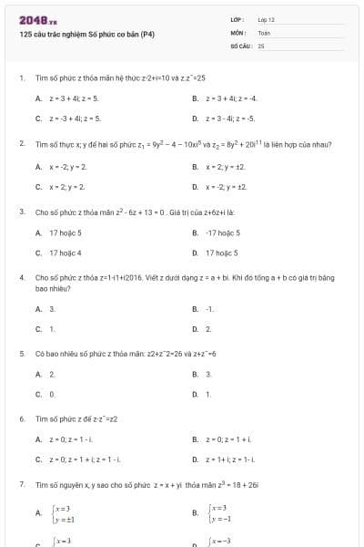 125 câu trắc nghiệm Số phức cơ bản (P4)