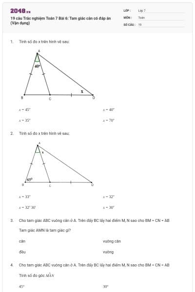 19 câu Trắc nghiệm Toán 7 Bài 6: Tam giác cân có đáp án (Vận dụng)