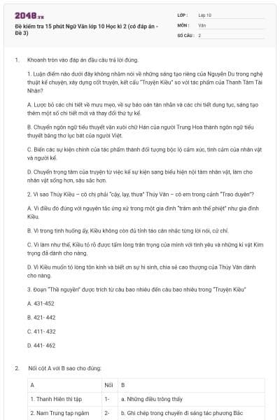 Đề kiểm tra 15 phút Ngữ Văn lớp 10 Học kì 2 (có đáp án - Đề 3)