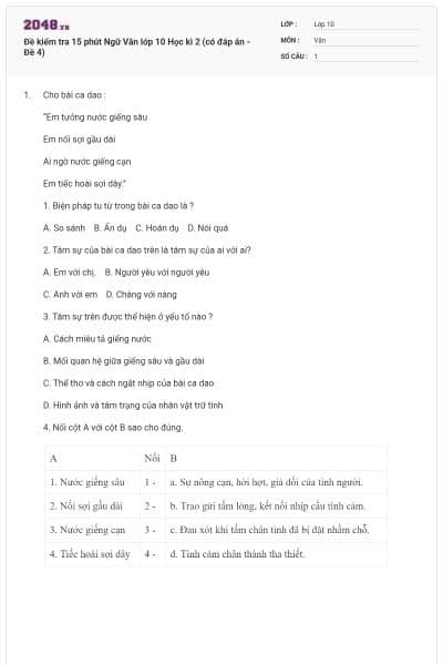 Đề kiểm tra 15 phút Ngữ Văn lớp 10 Học kì 2 (có đáp án - Đề 4)