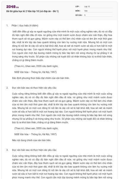 Đề thi giữa học kì 2 Văn lớp 10 (có đáp án - Đề 1)